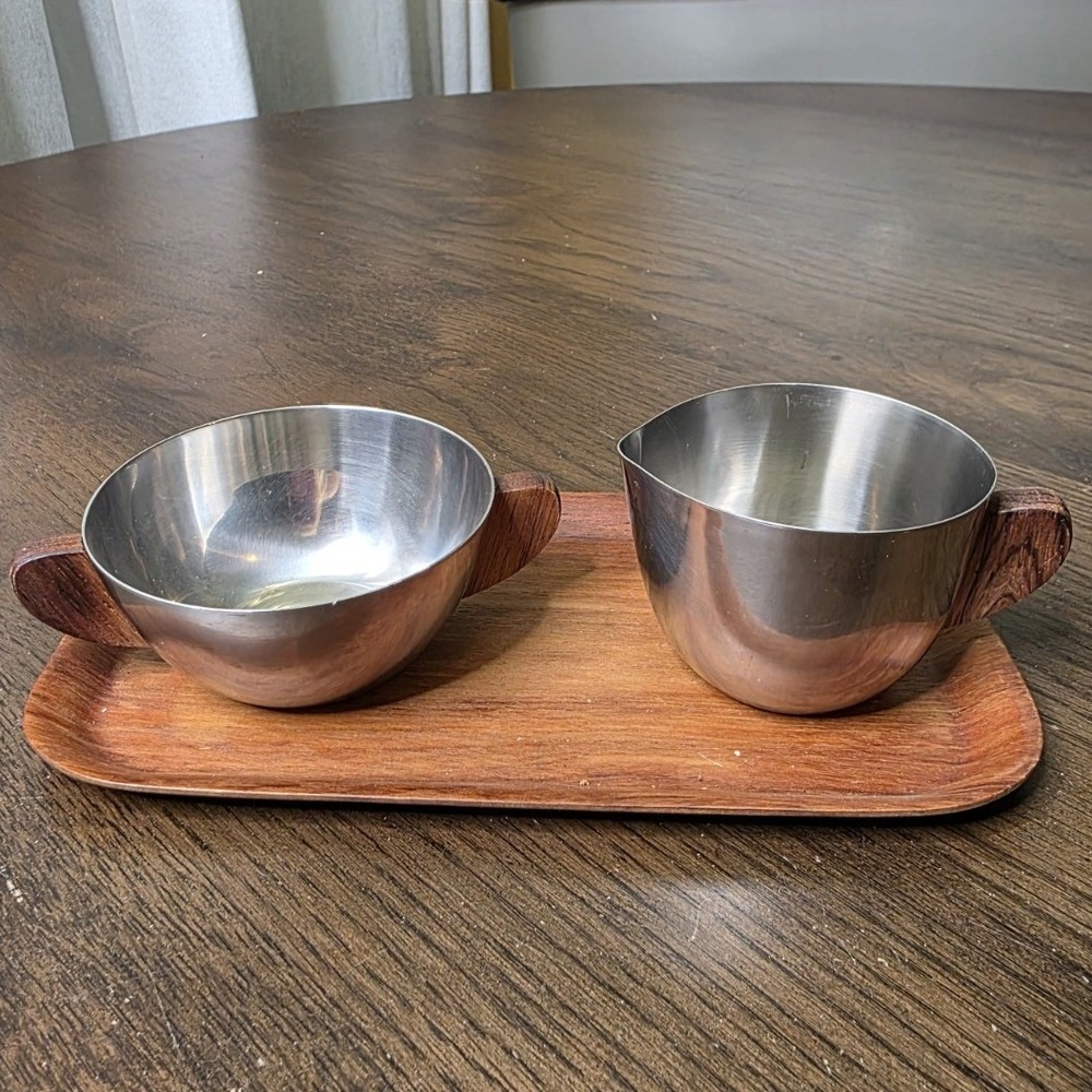 Vintage Brostrom Teakwood Tray Denmark‎ Cream And Sugar Set Stainless Steel E2